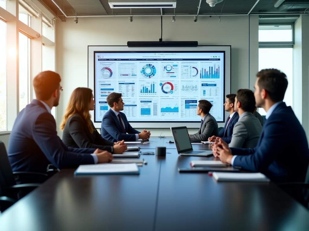 Team of executives analyzing data charts on a large screen